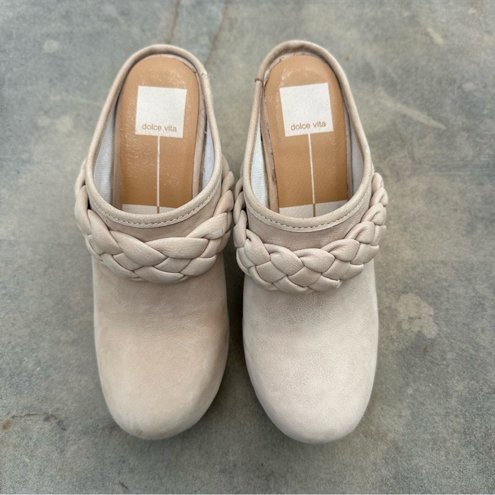 Dolce Vita Hila Braided Clogs Mules Platform Wood Heel Nude Leather Size 6 - Picture 4 of 10